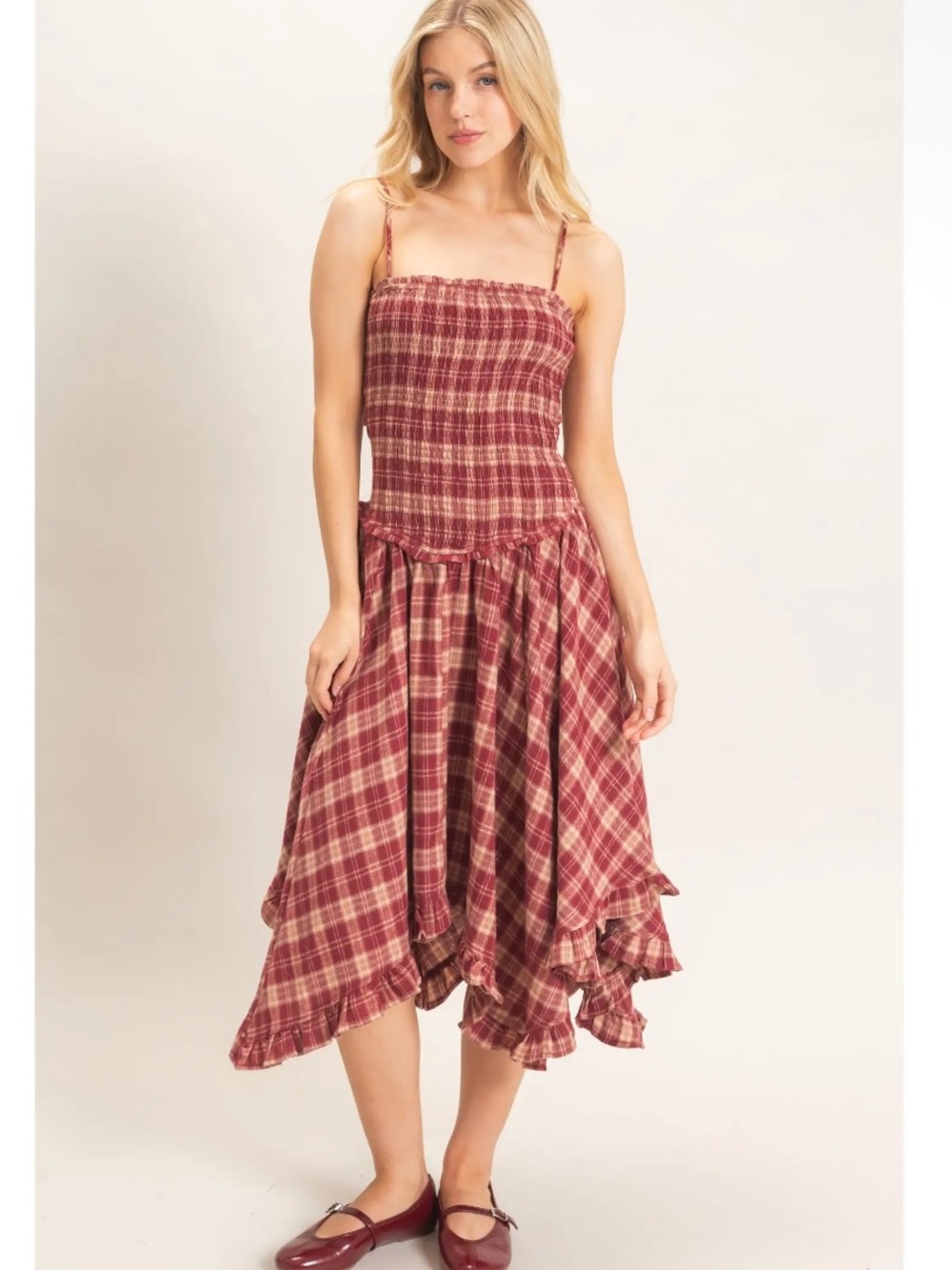 HYFVE Burgundy Plaid Smocked Handkerchief Midi Dress